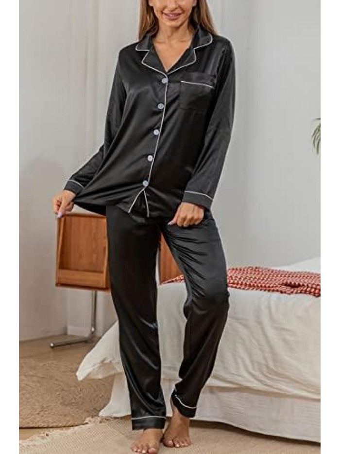 Womens Silky Satin Pajamas Set Classic Sleepwear Loungewear 