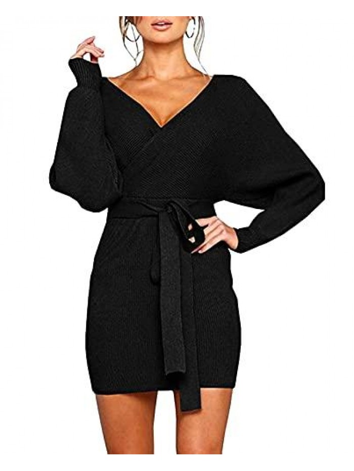 Women's Sexy Cocktail Batwing Long Sleeve Backless Mock Wrap Knit Sweater Mini Dress 