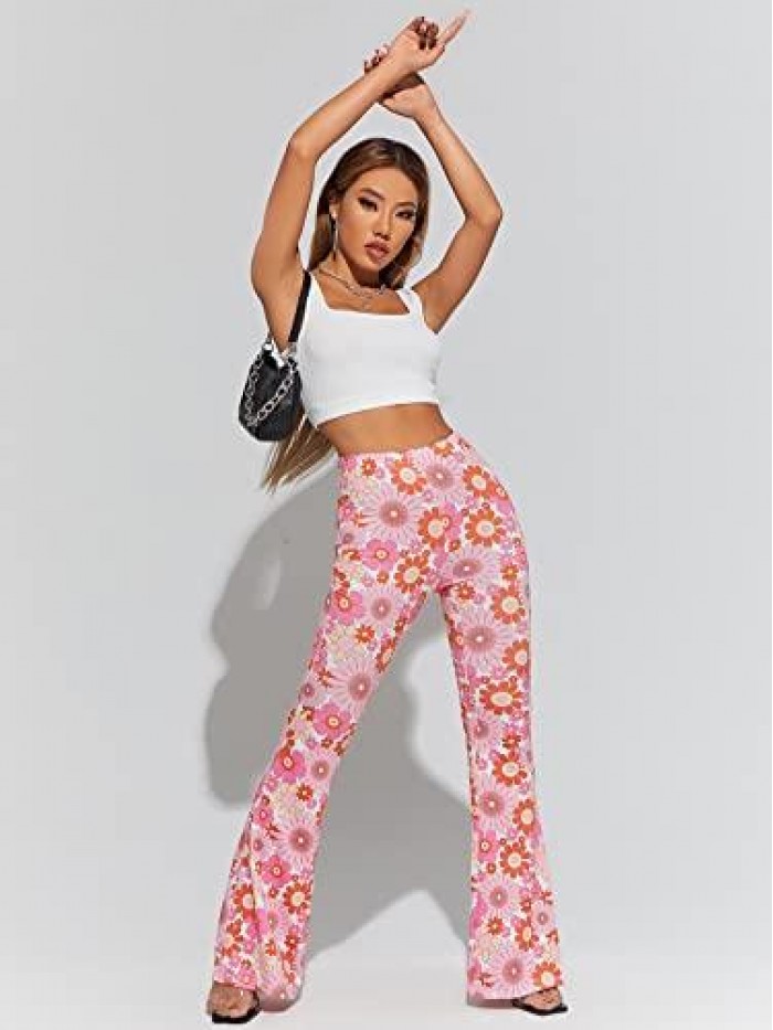 HUX Women's Print Elastic High Waisted Flare Leg Bell Bottom Pants 