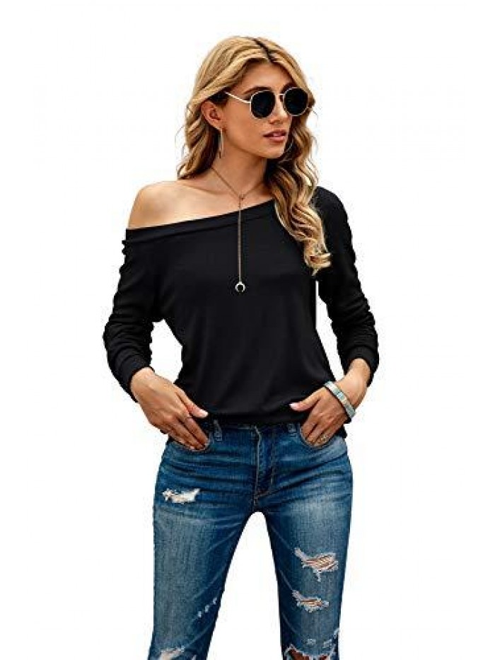 Women's Long Sleeve Boat Neck Off Shoulder Blouse Tops 