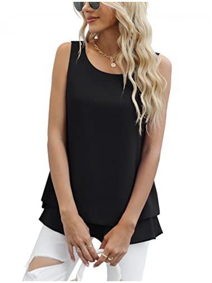 Women's Sleeveless Chiffon Tank Top Double Layers Casual Blouse Tunic 