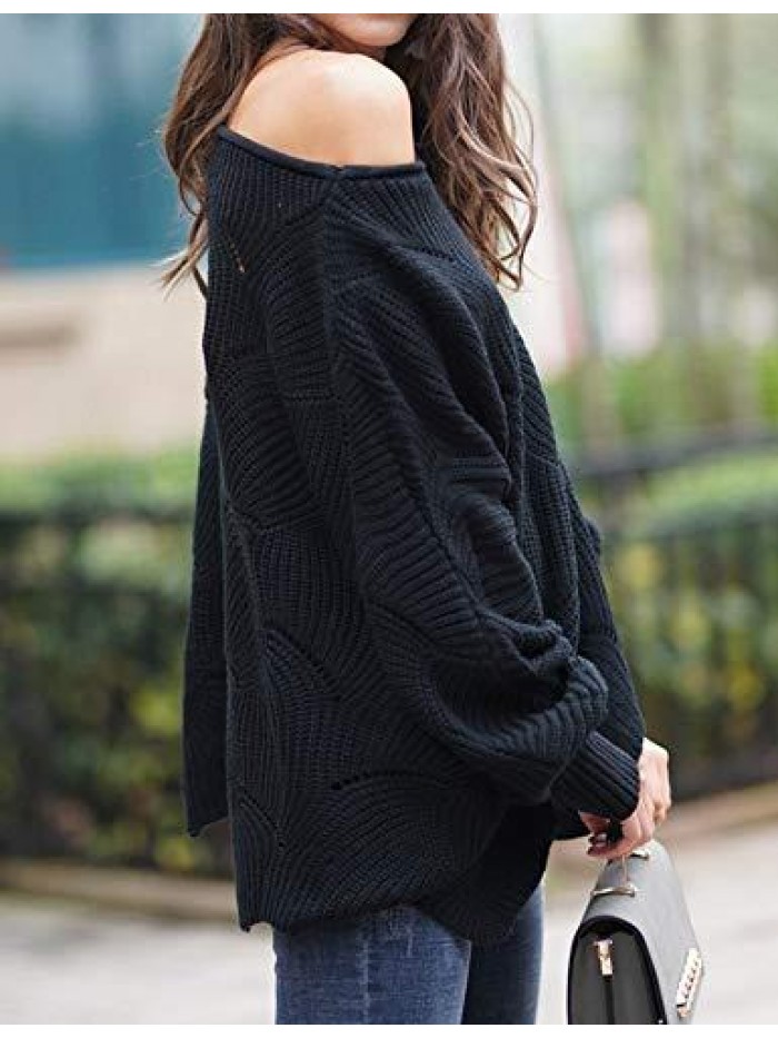 Women's Pullover Batwing Sleeve Loose Hollow Knit Sweaters 