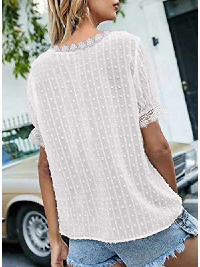 Women's V Neck Lace Crochet Tunic Tops Flowy Casual Blouses Shirts 