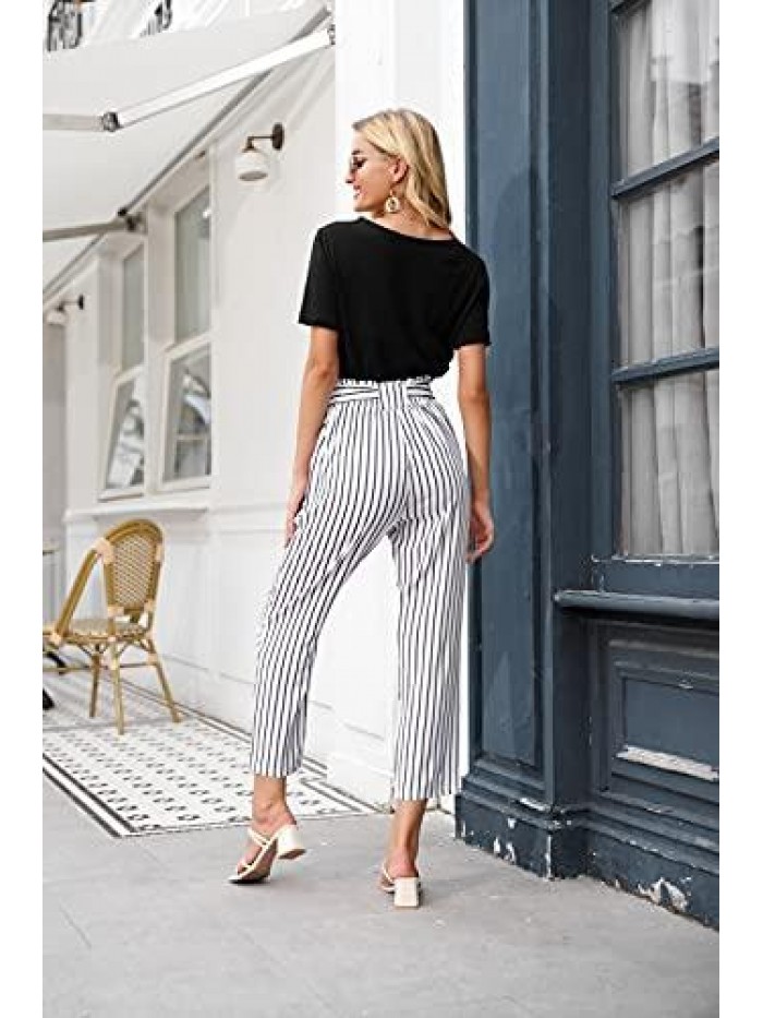 KARIN Women Ruffled High Waist Casual Pants Cropped Striped Pants 