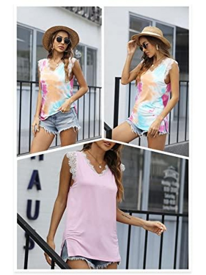 Women's V Neck Lace Tank Tops Summer Casual Sleeveless Blouse Shirts Side Split 