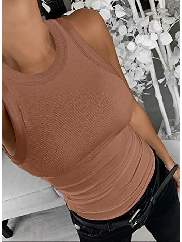 Summer Stretch Slim Round Neck Ribbed Tank Basic Solid Top 