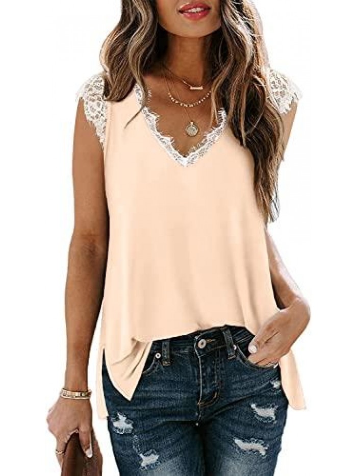 Women's V Neck Lace Tank Tops Summer Casual Sleeveless Blouse Shirts Side Split 