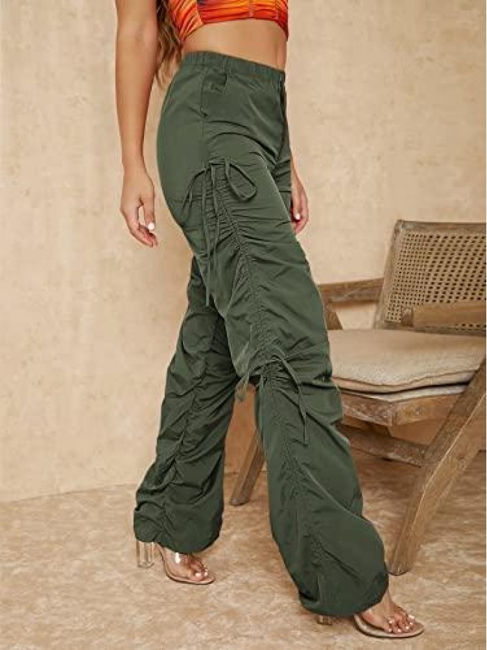 Women's Casual Elastic Waist Cut Out Drawstring Side Striaght Leg Pants 