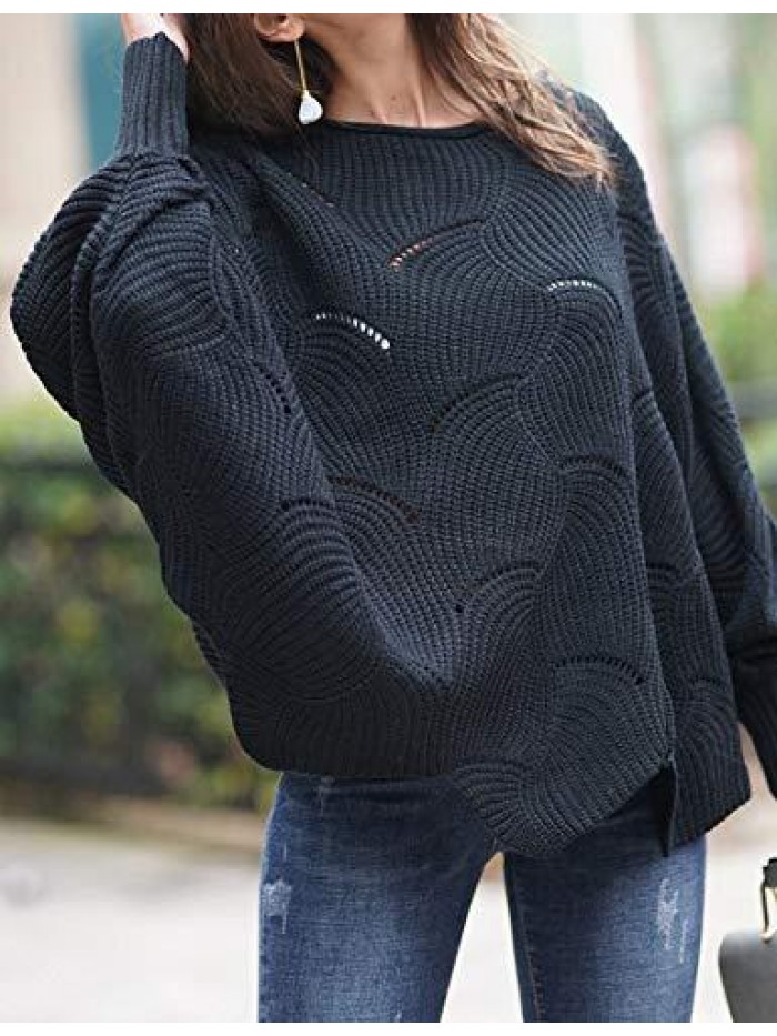 Women's Pullover Batwing Sleeve Loose Hollow Knit Sweaters 