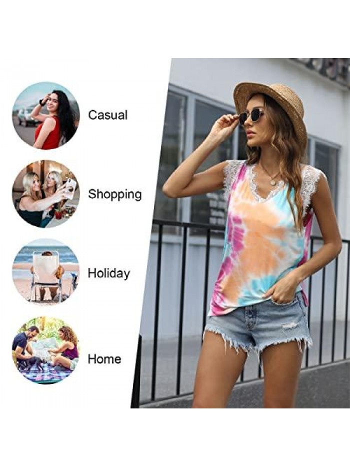 Women's V Neck Lace Tank Tops Summer Casual Sleeveless Blouse Shirts Side Split 