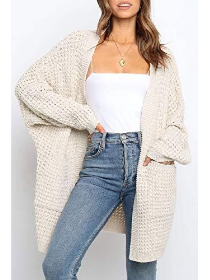 Women's Long Batwing Sleeve Open Front Chunky Knit Cardigan Sweater 