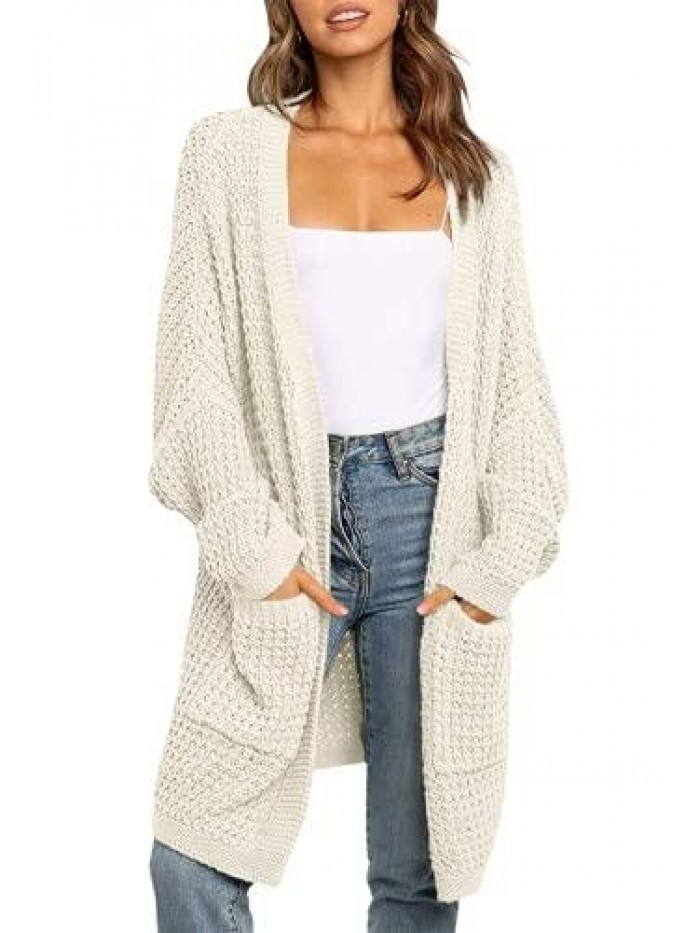 Women's Long Batwing Sleeve Open Front Chunky Knit Cardigan Sweater 