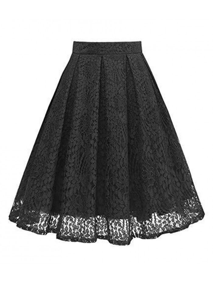 Women High Waist Pleated A-Line Knee Length Lace Pockets Skirt 