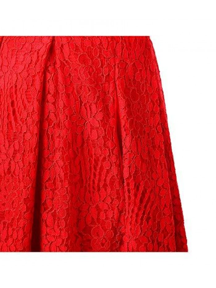 Women High Waist Pleated A-Line Knee Length Lace Pockets Skirt 