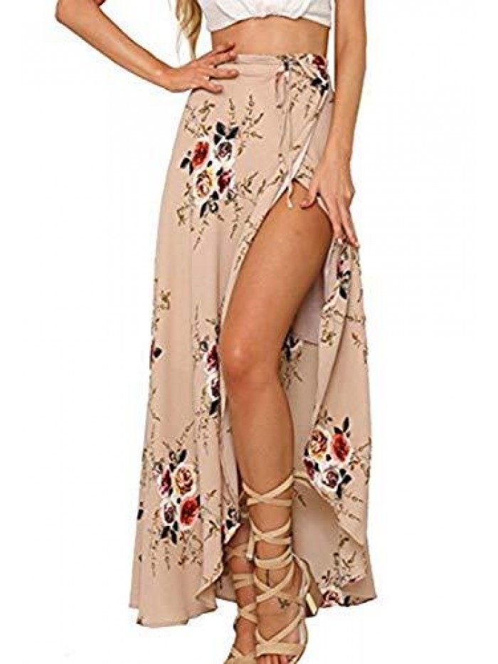 Womens Boho Floral Tie Up Waist Summer Beach Wrap Cover Up Maxi Skirt 