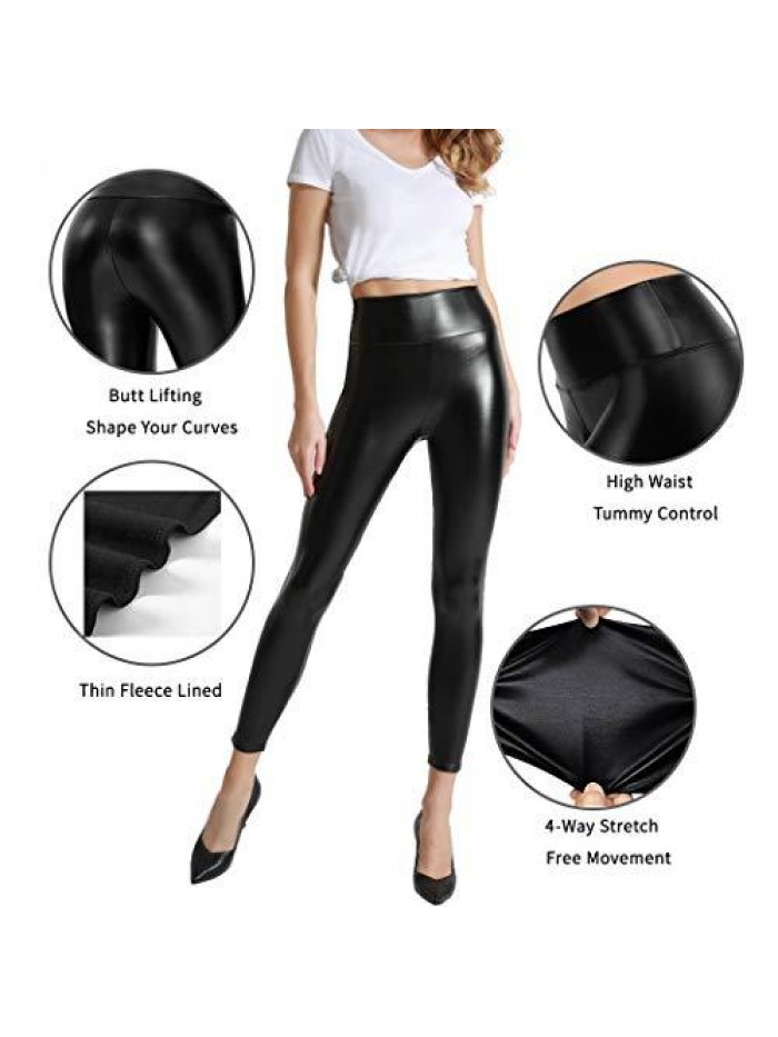 Women's Stretchy Faux Leather Leggings Pants, Sexy Red High Waisted Tights 