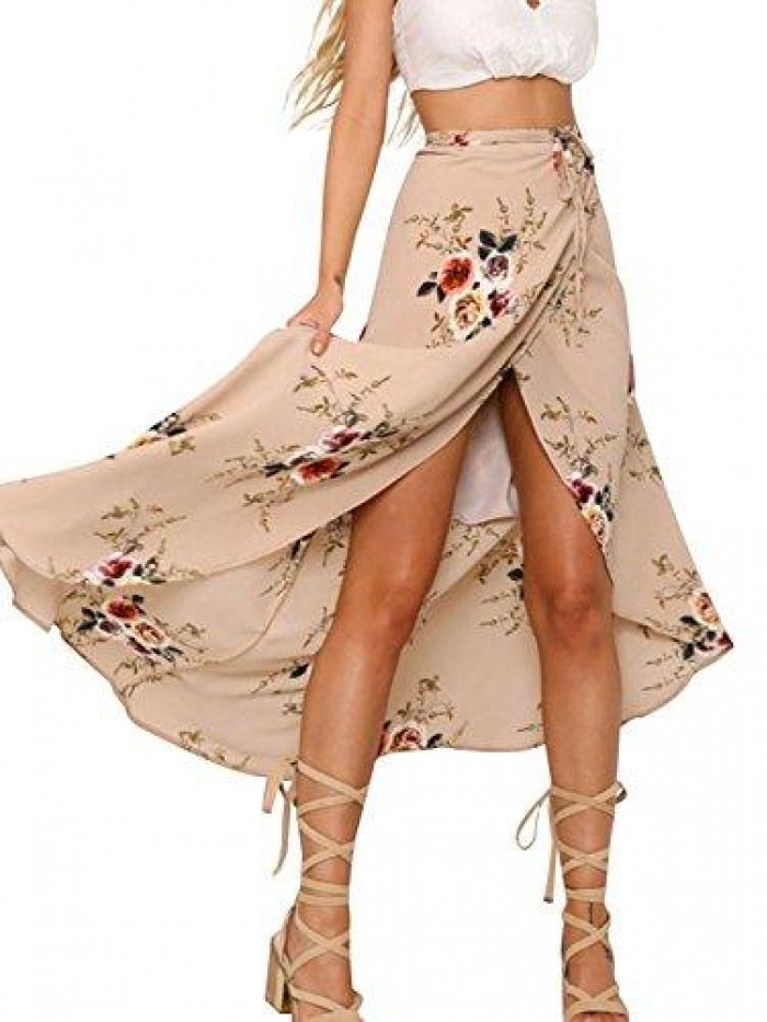 Womens Boho Floral Tie Up Waist Summer Beach Wrap Cover Up Maxi Skirt 