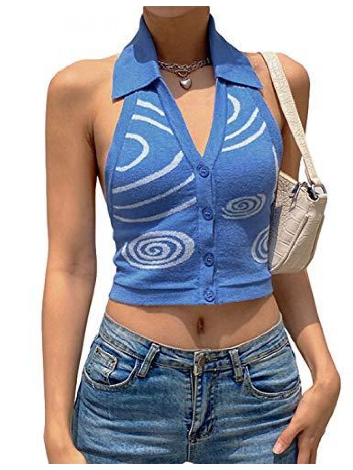 Women's Polo Halter Collar Sleeveless Knitted Patchwork Button Down Crop Tops 