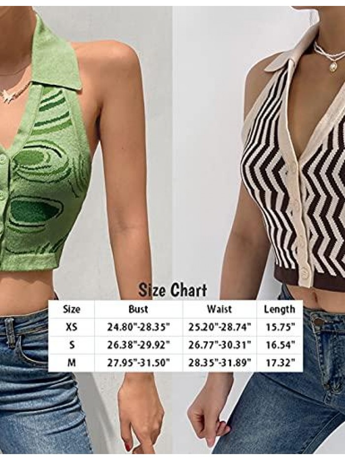 Women's Polo Halter Collar Sleeveless Knitted Patchwork Button Down Crop Tops 