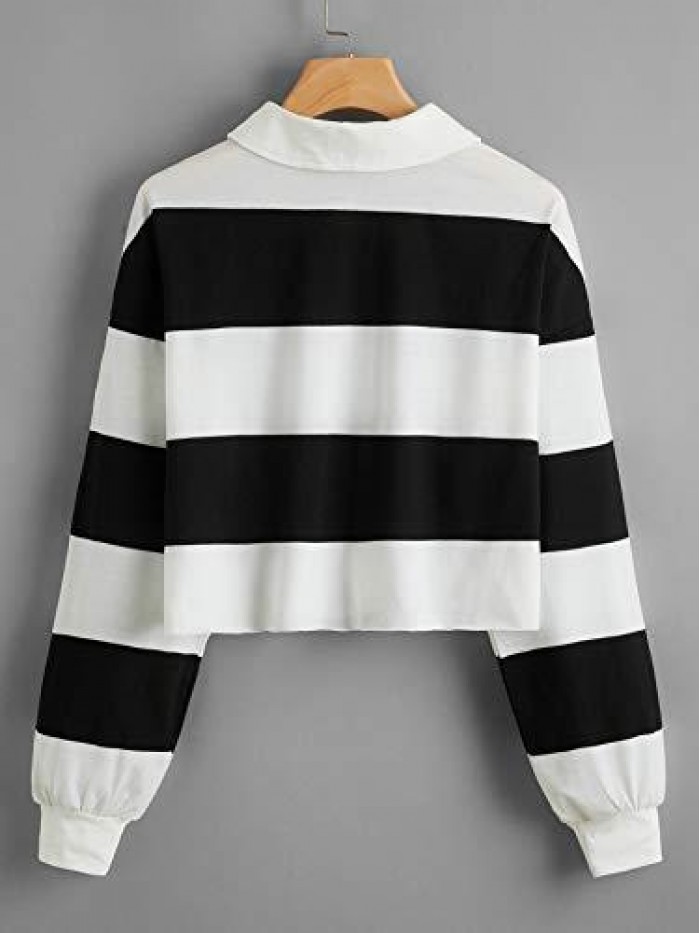 Women's Long Sleeve T-Shirt Button Front Striped Polo Shirt 