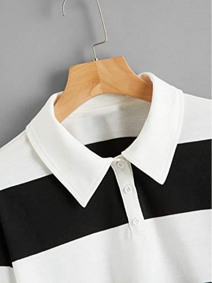 Women's Long Sleeve T-Shirt Button Front Striped Polo Shirt 