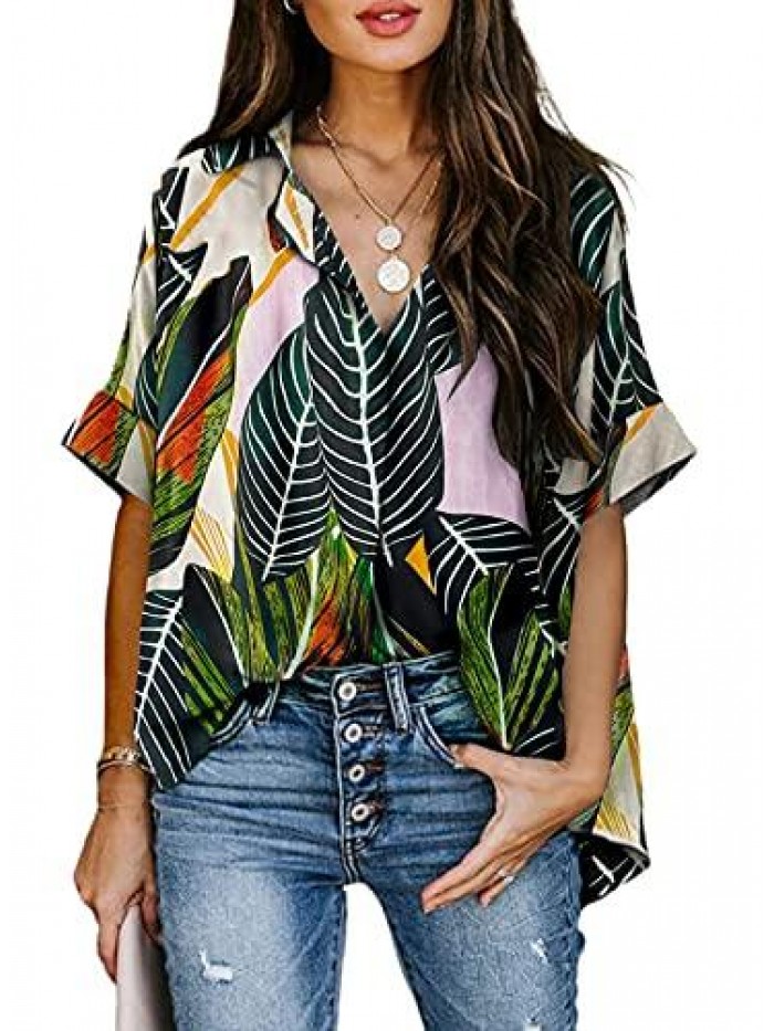 Women V Neck Vertical Stripes Shirt Loose Button Down Blouse Tops 