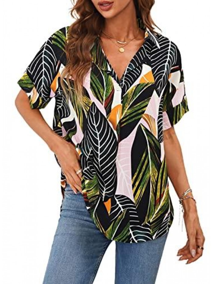 Women V Neck Vertical Stripes Shirt Loose Button Down Blouse Tops 