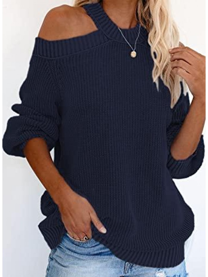 Womens Knit Cold Shoulder Sweaters Long Sleeve Crewneck Backless Jumper Tops 