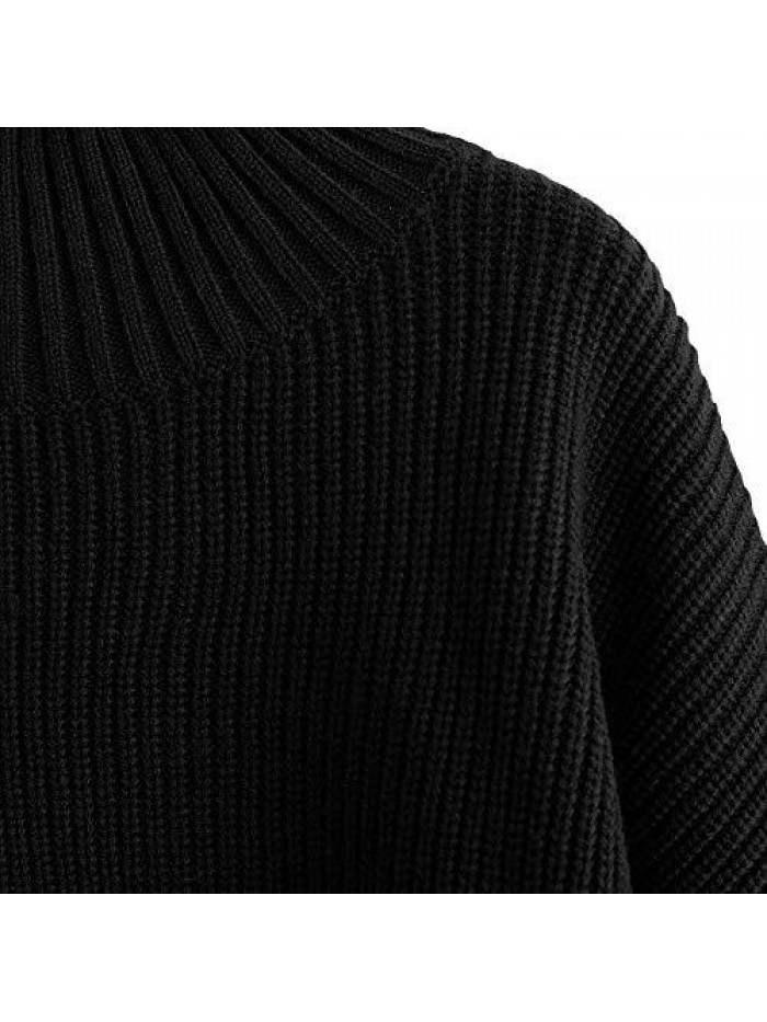 Women's High Neck Lantern Sleeve Ribbed Knit Pullover Crop Sweater Jumper 