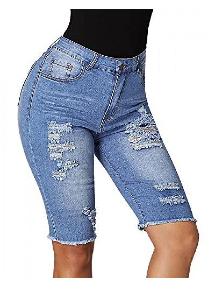 Women's Ripped Denim Destroyed Mid Rise Stretchy Bermuda Shorts Jeans 