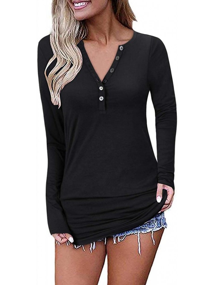 Womens Long Sleeve V-Neck Button Casual Tops Blouse T Shirt 