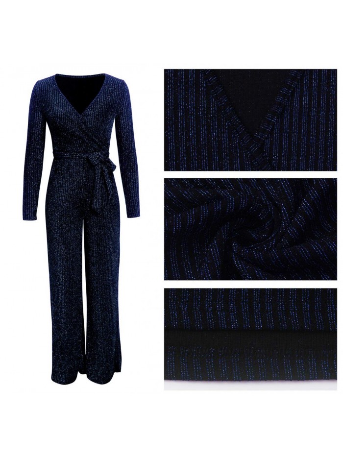 Casual Sexy Sequin Jumpsuits V Neck Long Sleeve Onesie Pants Party Clubwear with Belt 