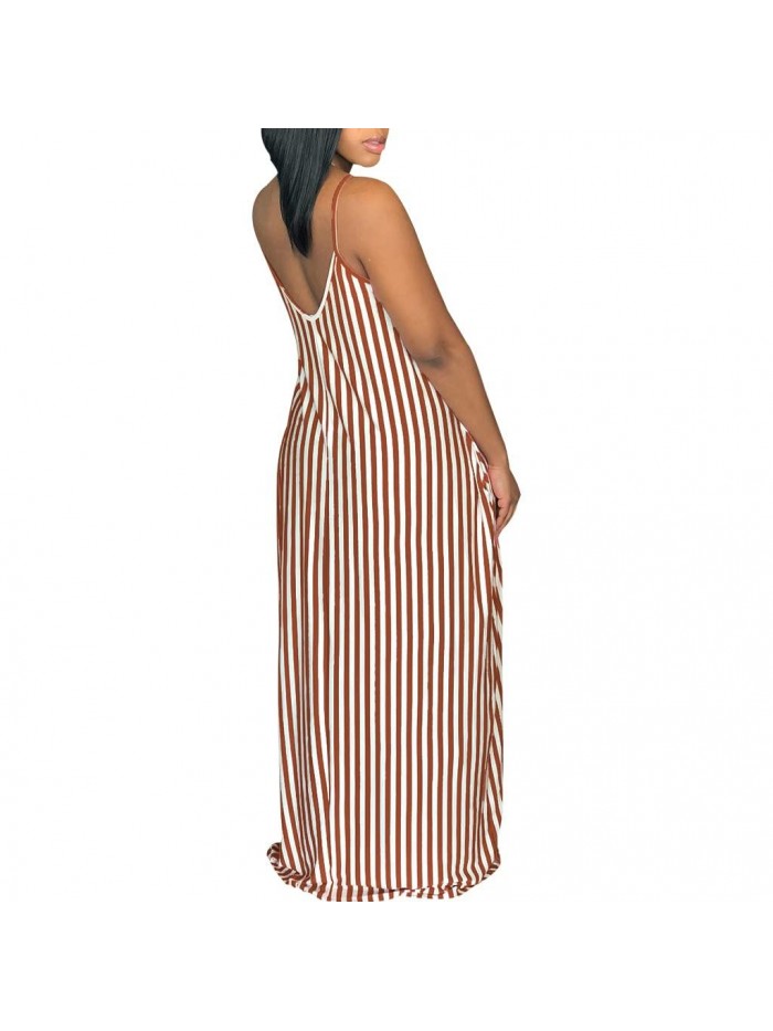Casual Stripe Long Maxi Dresses with Pockets Spaghetti Strap Sleeveless Loose Beach Sundress 