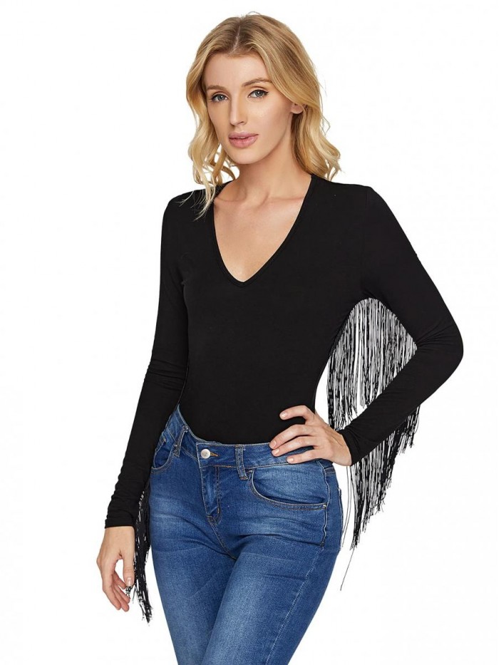 Women's Fringe Trim V Neck Long Sleeve Bodysuit Top 