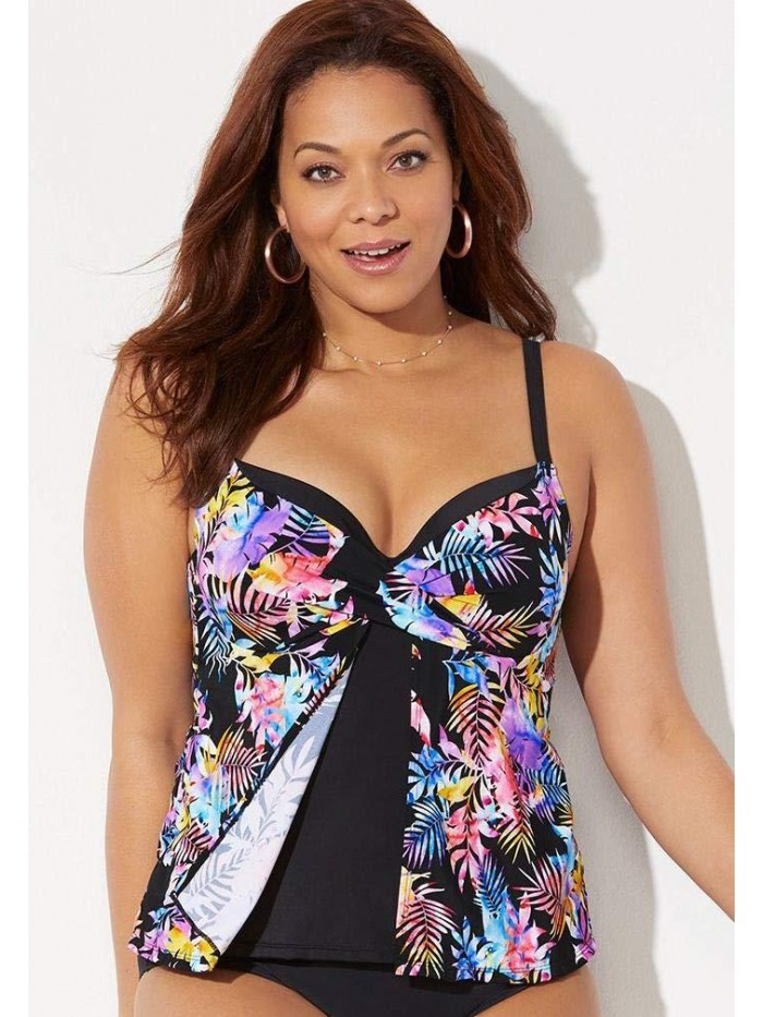 For All Women's Plus Size Faux Flyaway Underwire Tankini Top 