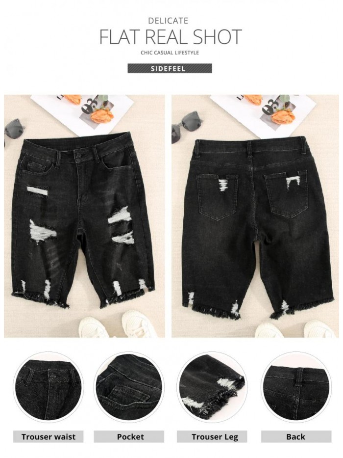 Women Bermuda Shorts Denim Destroyed Raw Hem Shorts Jeans 