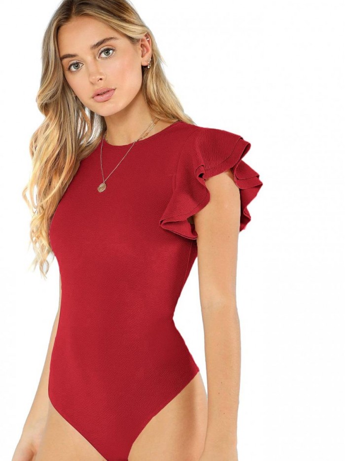 Women's Round Neck Layered Ruffle Short Sleeve Bodysuit 