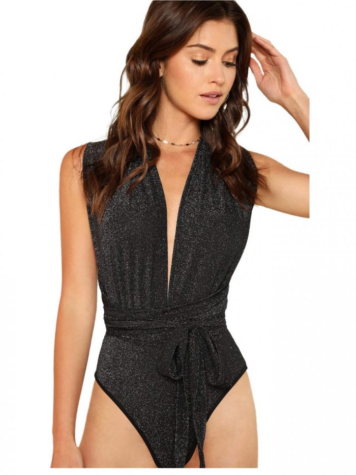 Women's Sleeveless Sexy Deep V Neck Cross Back Bodysuit 