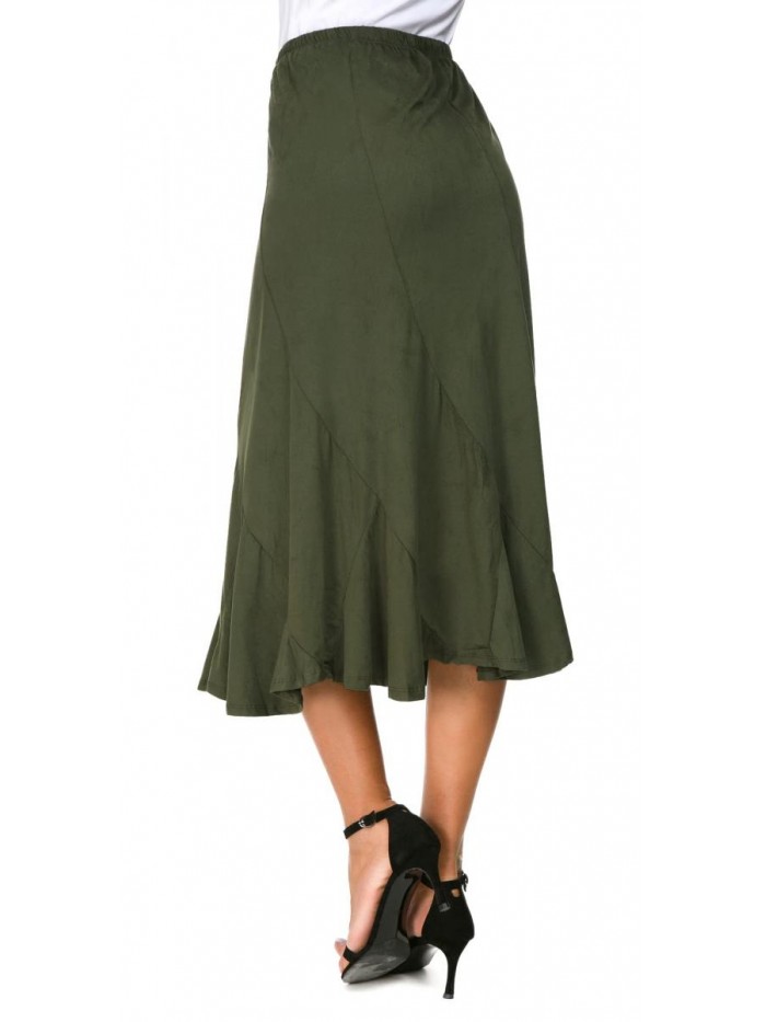 Women's Elegant Ankle Length Ruffle Hem Elastic Waist Midi Skirt 