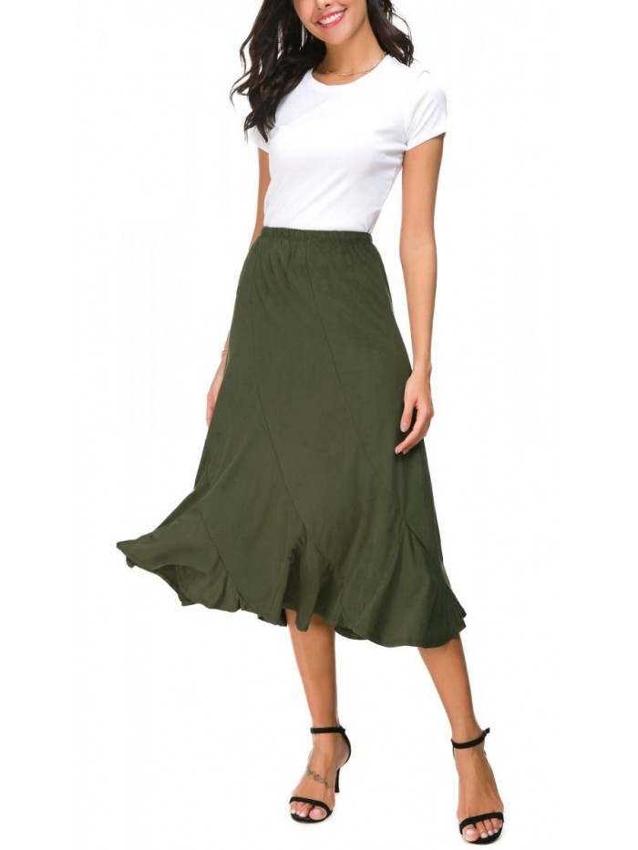 Women's Elegant Ankle Length Ruffle Hem Elastic Waist Midi Skirt 