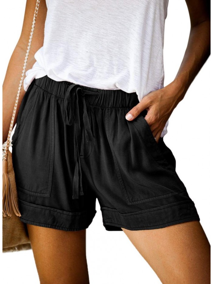 Womens Comfy Drawstring Casual Elastic Waist Pocketed Shorts 