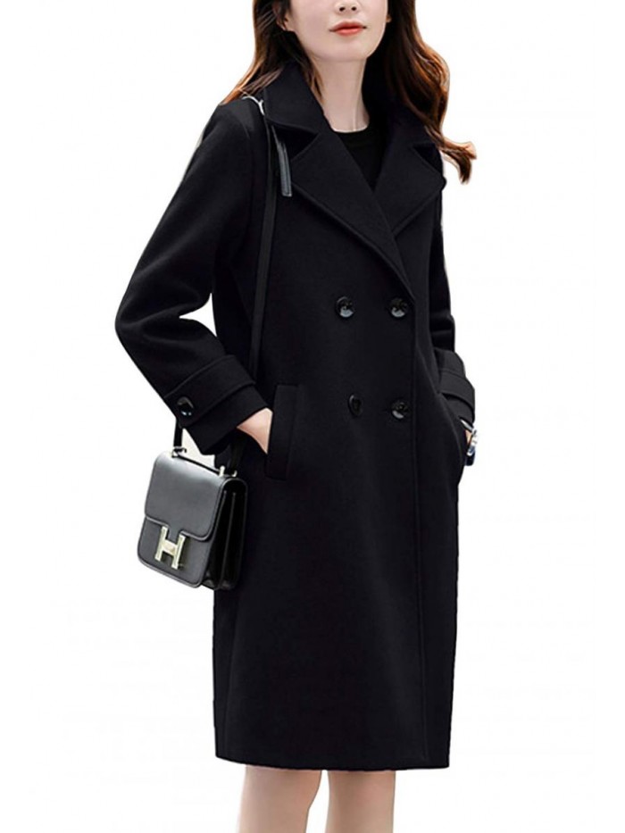 Women's Essential Elegant Wear Double Breasted Mid Long Wool Pea Coat 