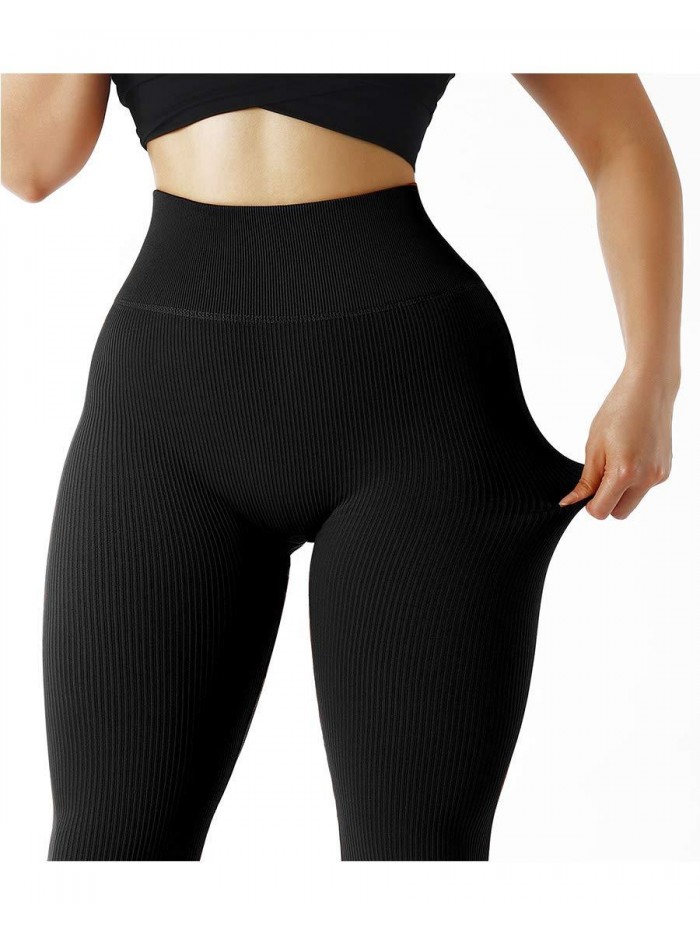 Women Ribbed Seamless Leggings High Waisted Workout Gym Yoga Pants 