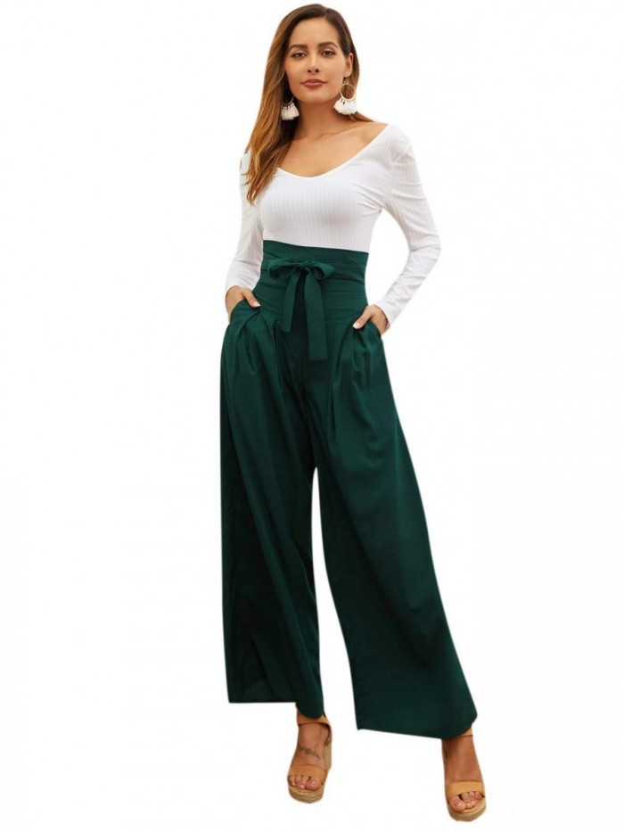 Women's Casual High Waist Belted Wide Leg Pants with Pocket 