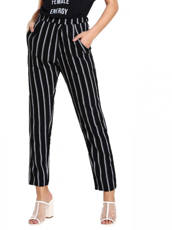 Women's Striped Elastic High Waist Slim Fit Loose Casual Long Pants 