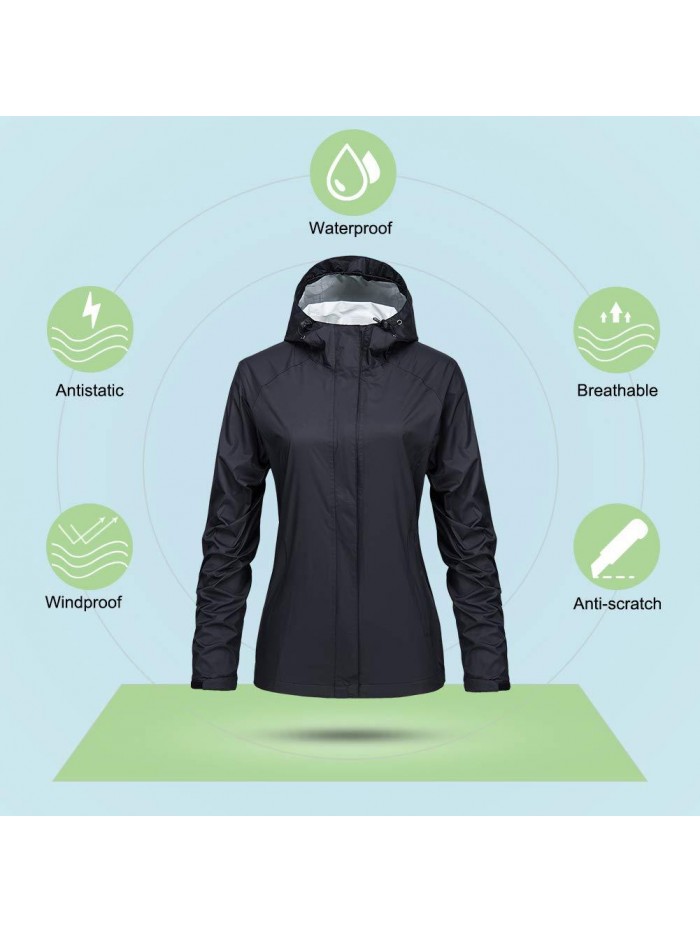 Womens Raincoat Lightweight Windbreaker Outdoor Waterproof Hooded Rain Jackets Black 