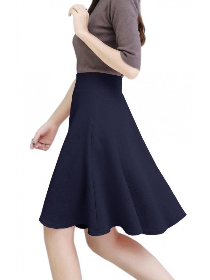 Womens Stretch Waist A-line Flared Skater Midi Skirt 