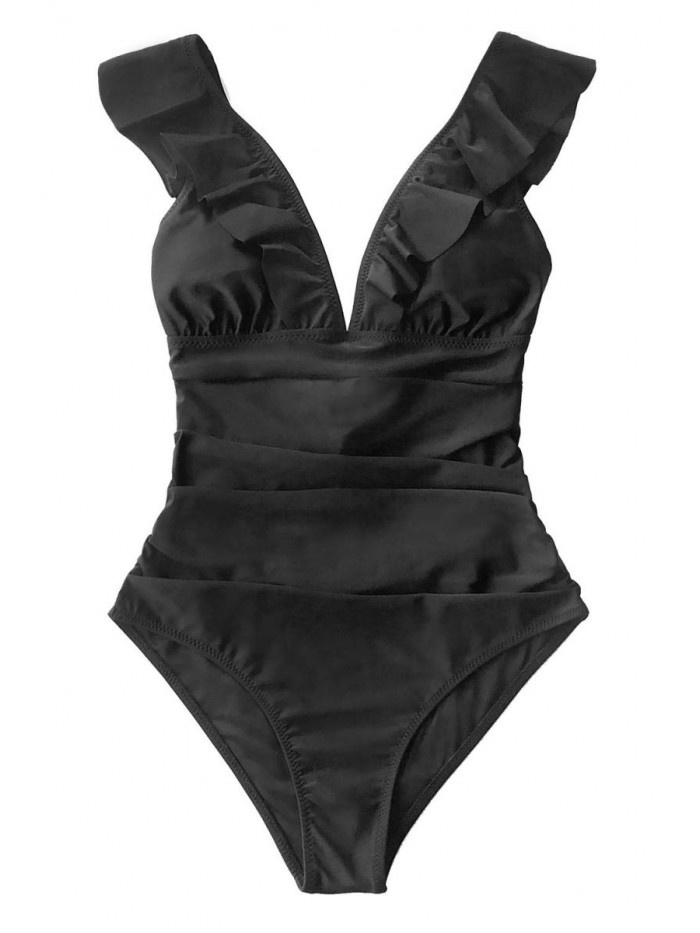 Women's V Neck One Piece Swimsuit Ruffled Lace Up Monokini 