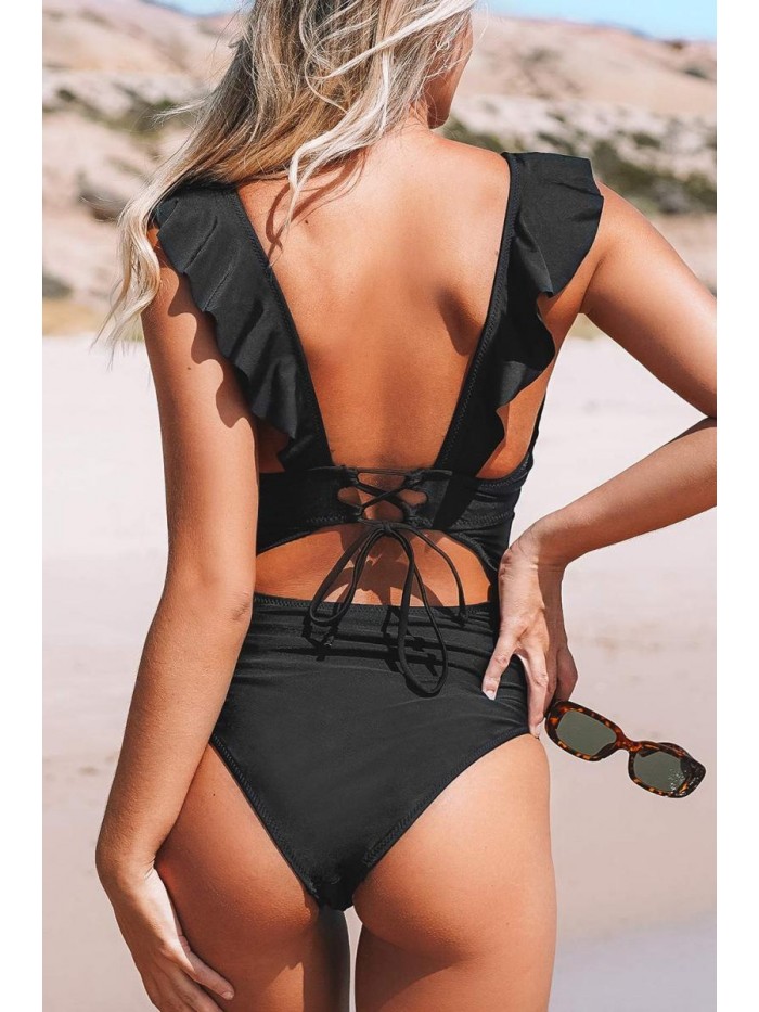 Women's V Neck One Piece Swimsuit Ruffled Lace Up Monokini 