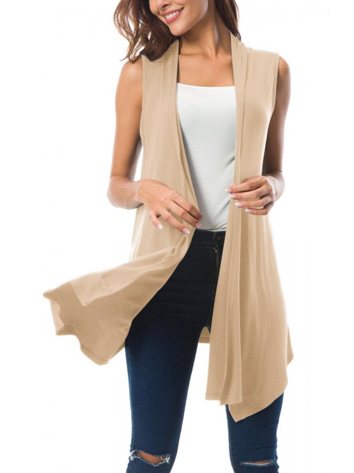 Sleeveless Draped Open Front Cardigan Vest Asymmetric Hem 